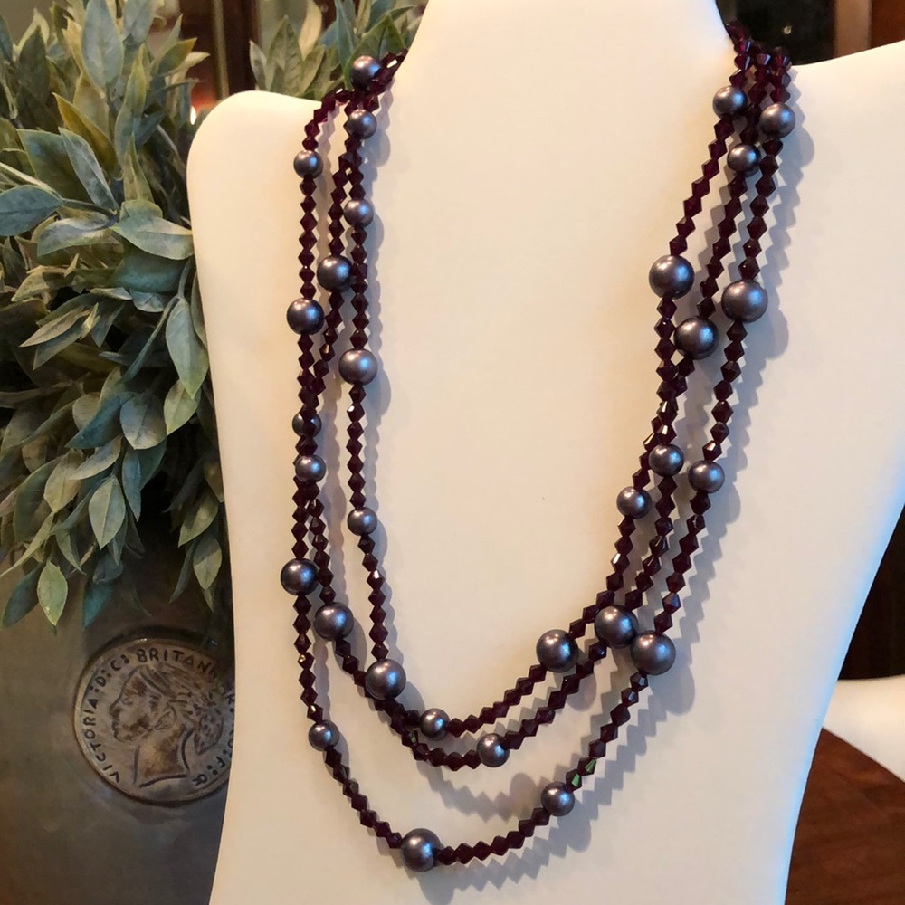 Garnet bead and black pearl necklace 60” total length